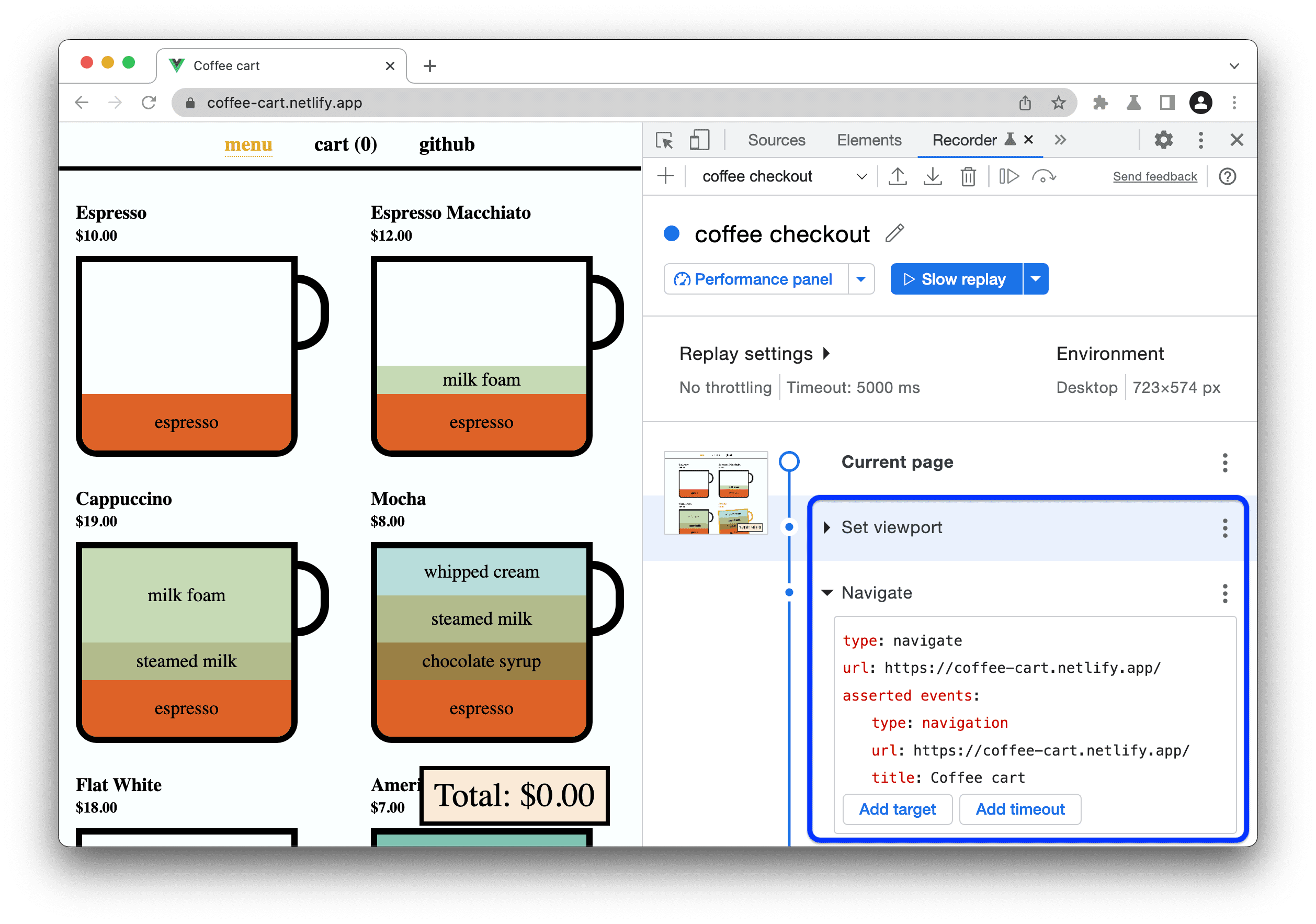 Una grabación con el viewport y los pasos de navegación establecidos.