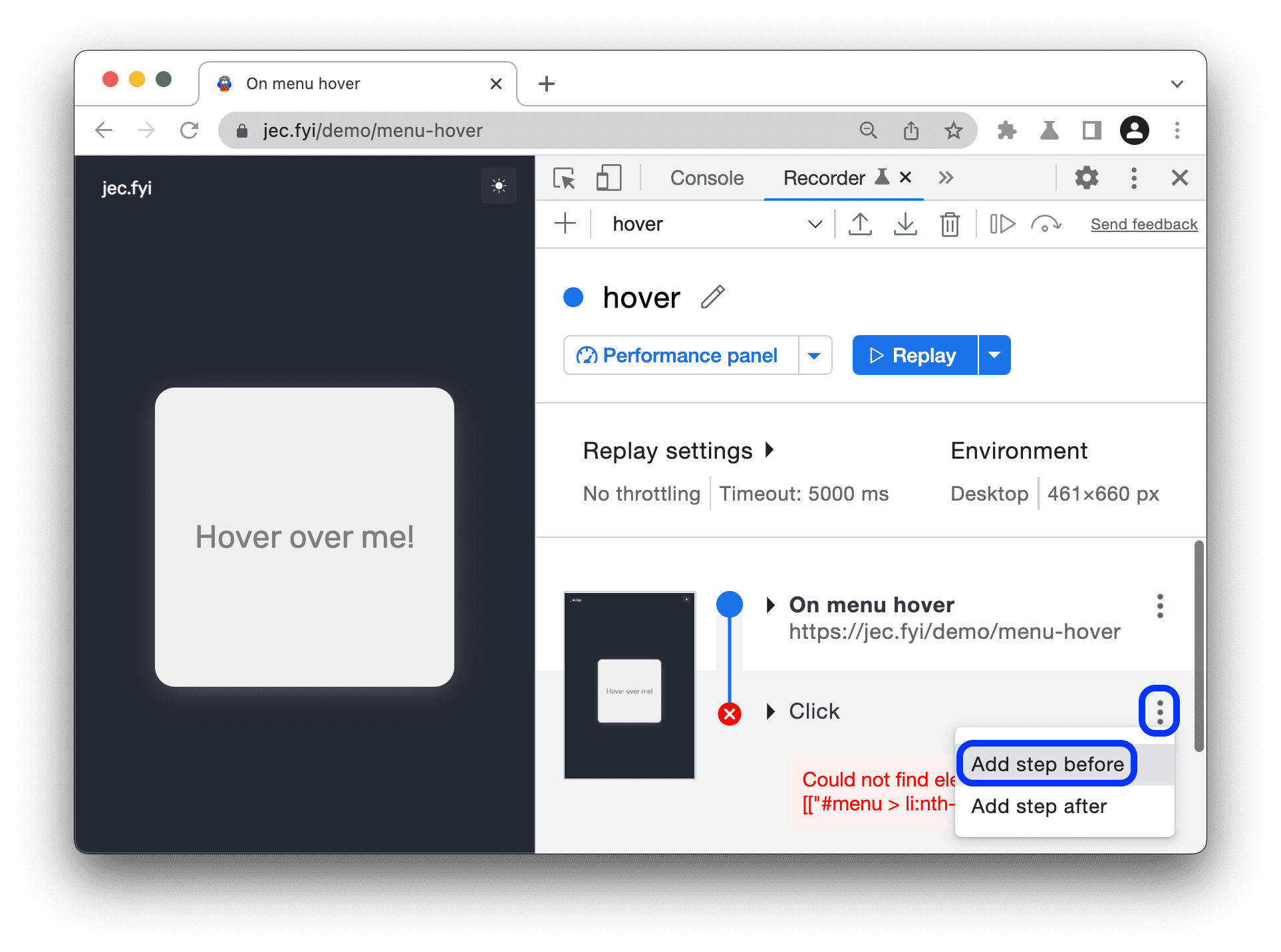 Ajout d'une étape avant "Cliquer".
