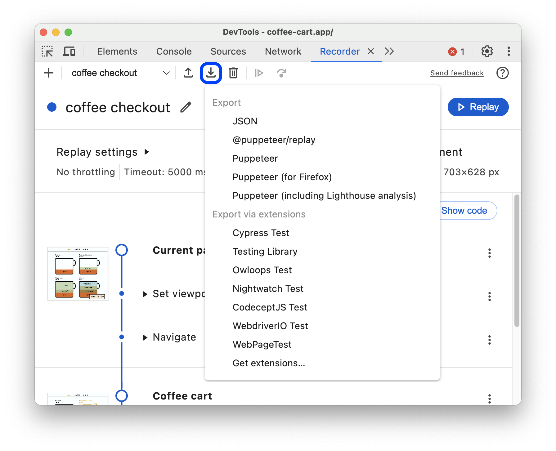 Uma lista de opções de formato no menu &quot;Exportar&quot;.