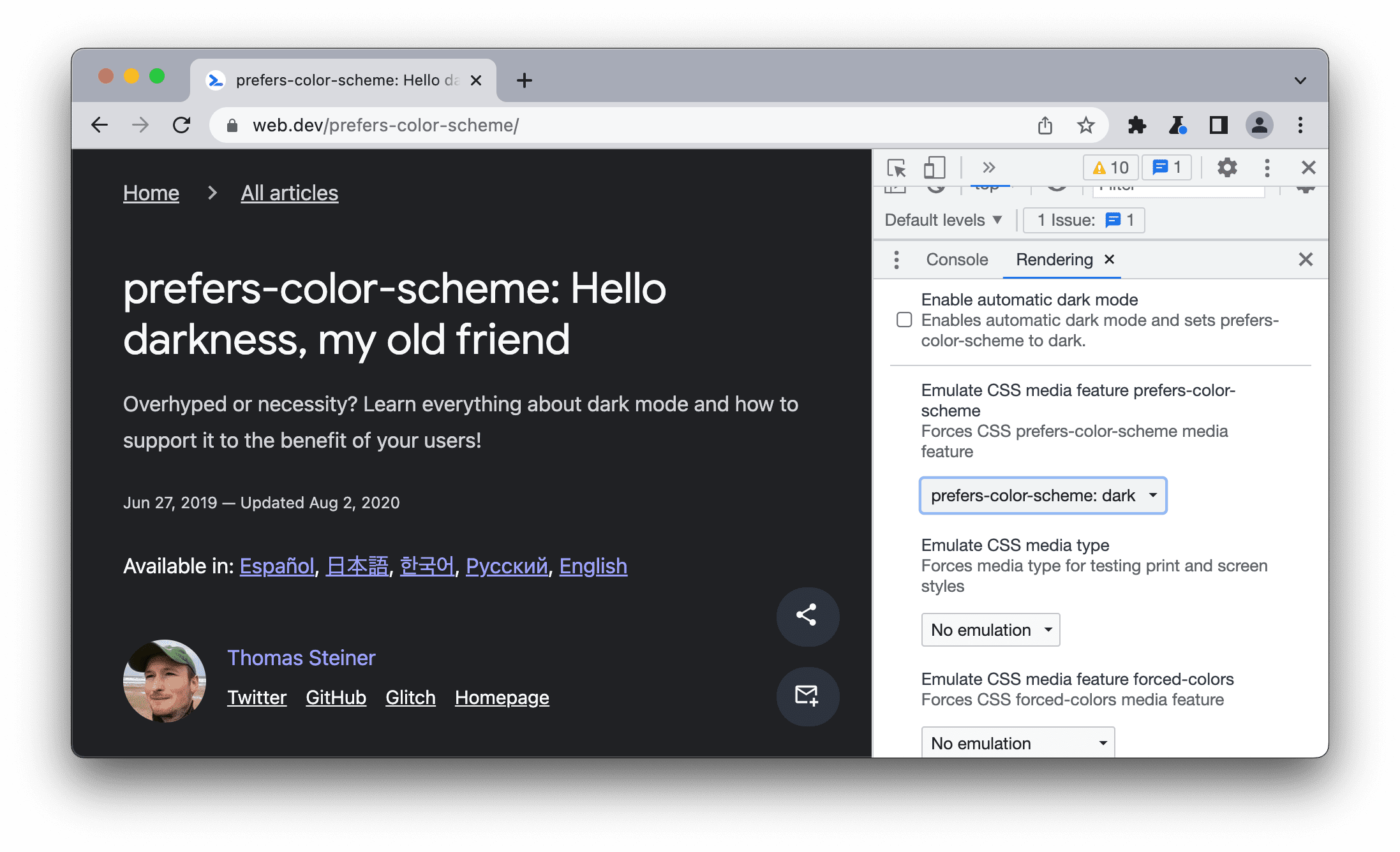 Emulación de prefers-color-scheme:dark