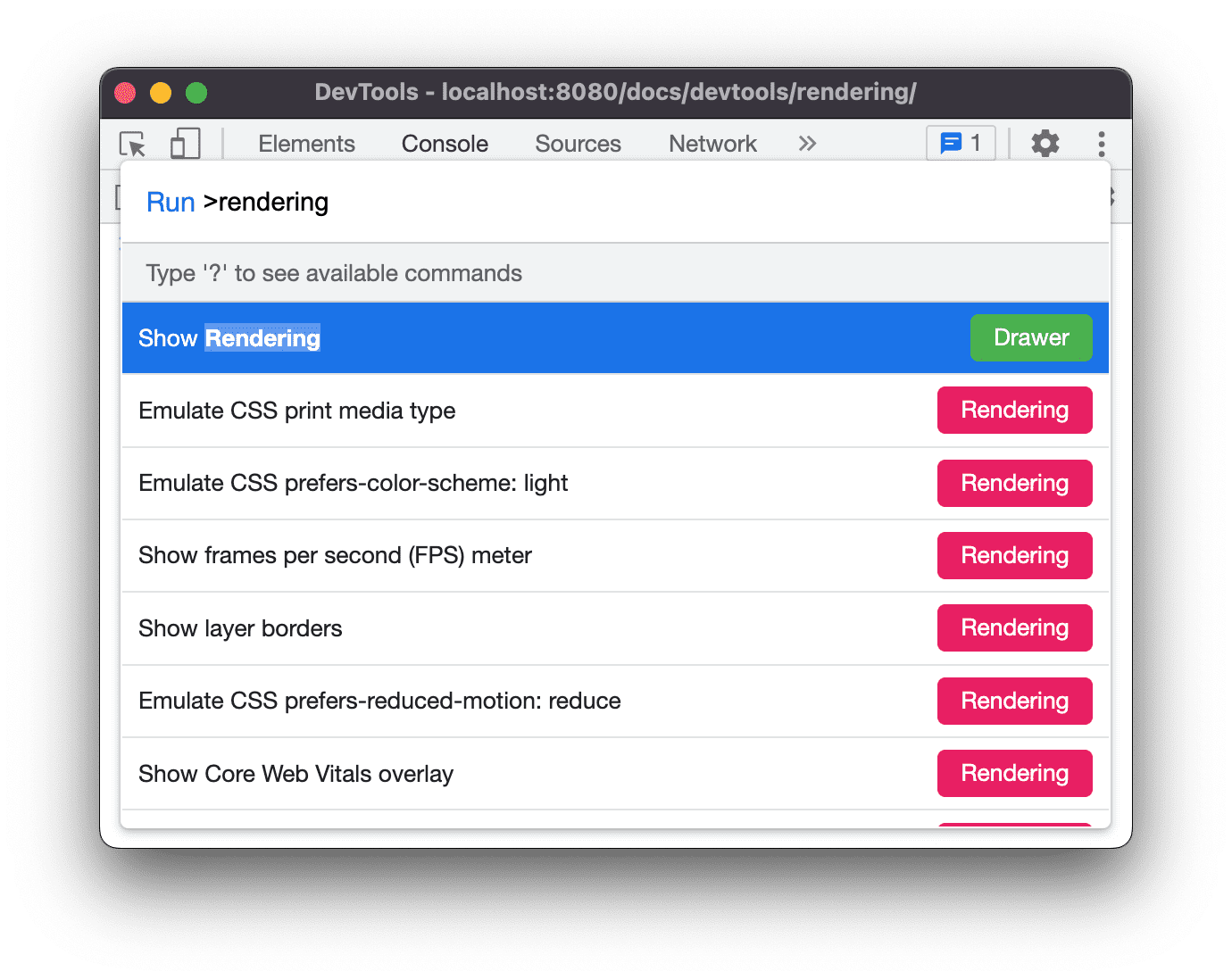 Menu de commandes, &quot;Rendering&quot; (Affichage)