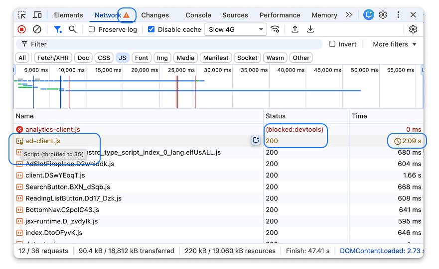 차단되고 제한된 요청 표시기가 표시된 DevTools의 네트워크 패널