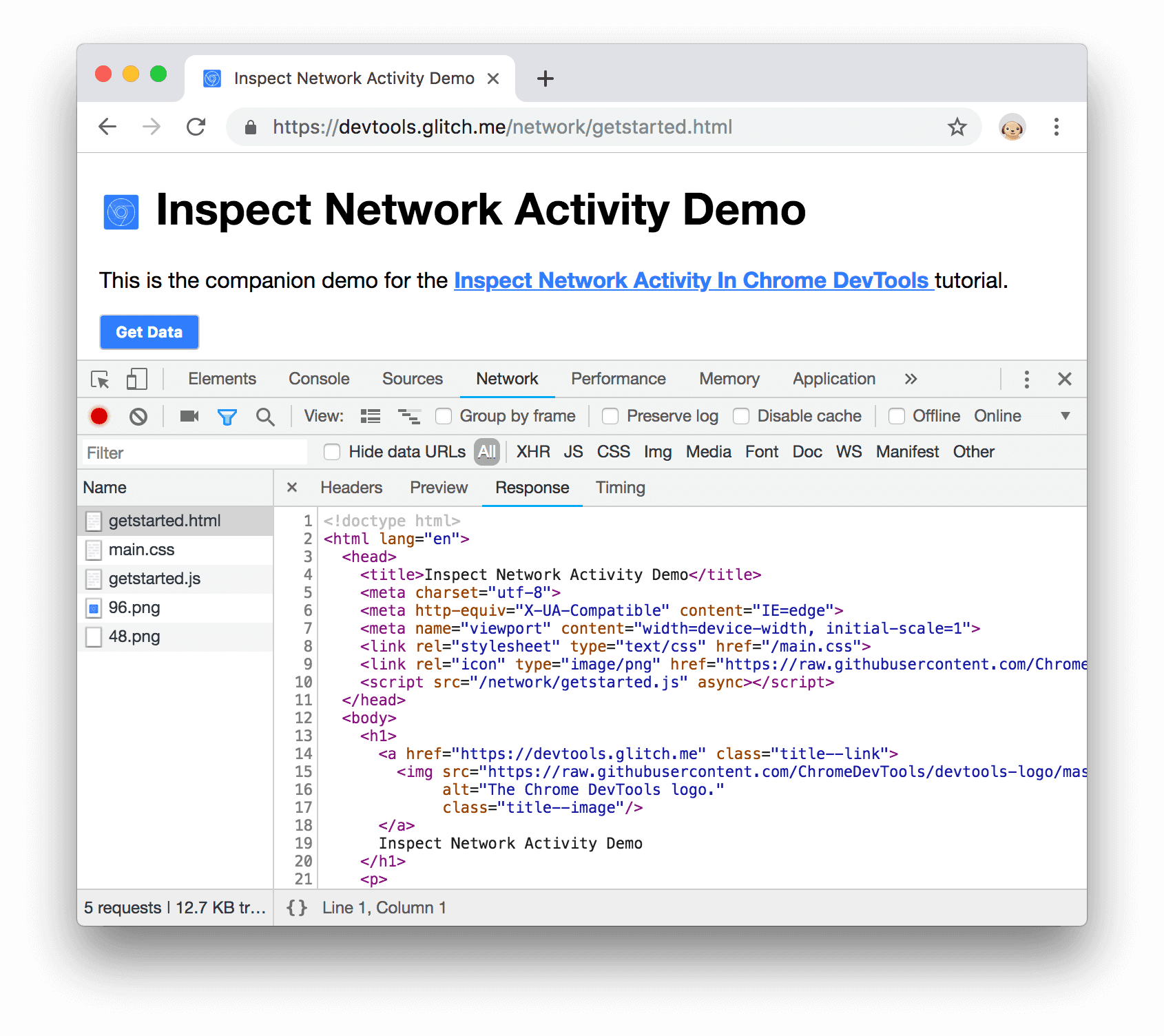 Inspecter une ressource dans le panneau &quot;Network&quot; (Réseau)