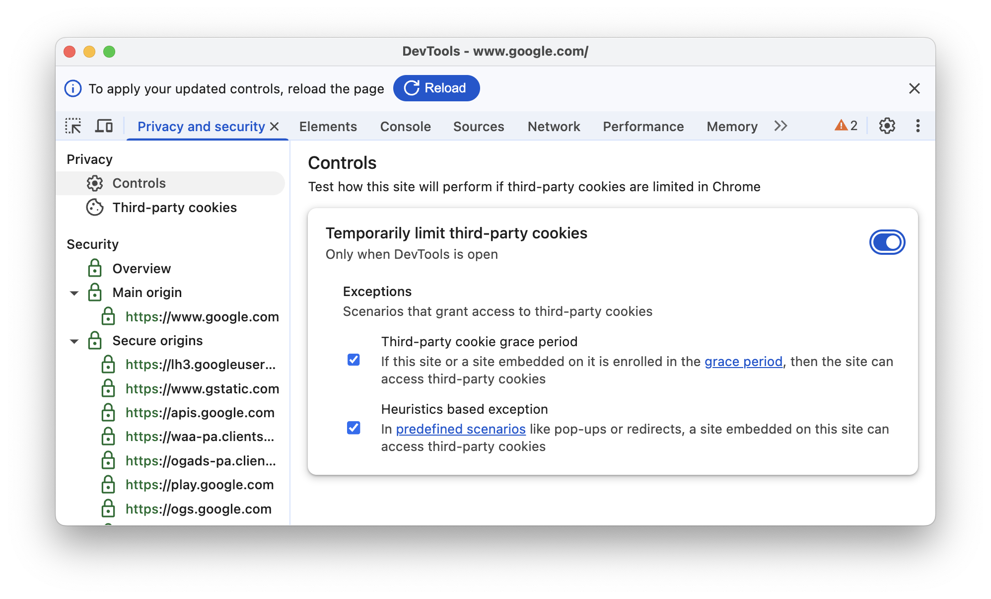Limitar temporariamente os cookies de terceiros com as duas exceções ativadas.