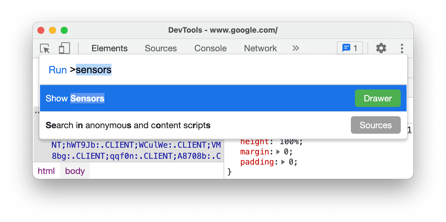 Using the Command Menu to open the Sensors tab.