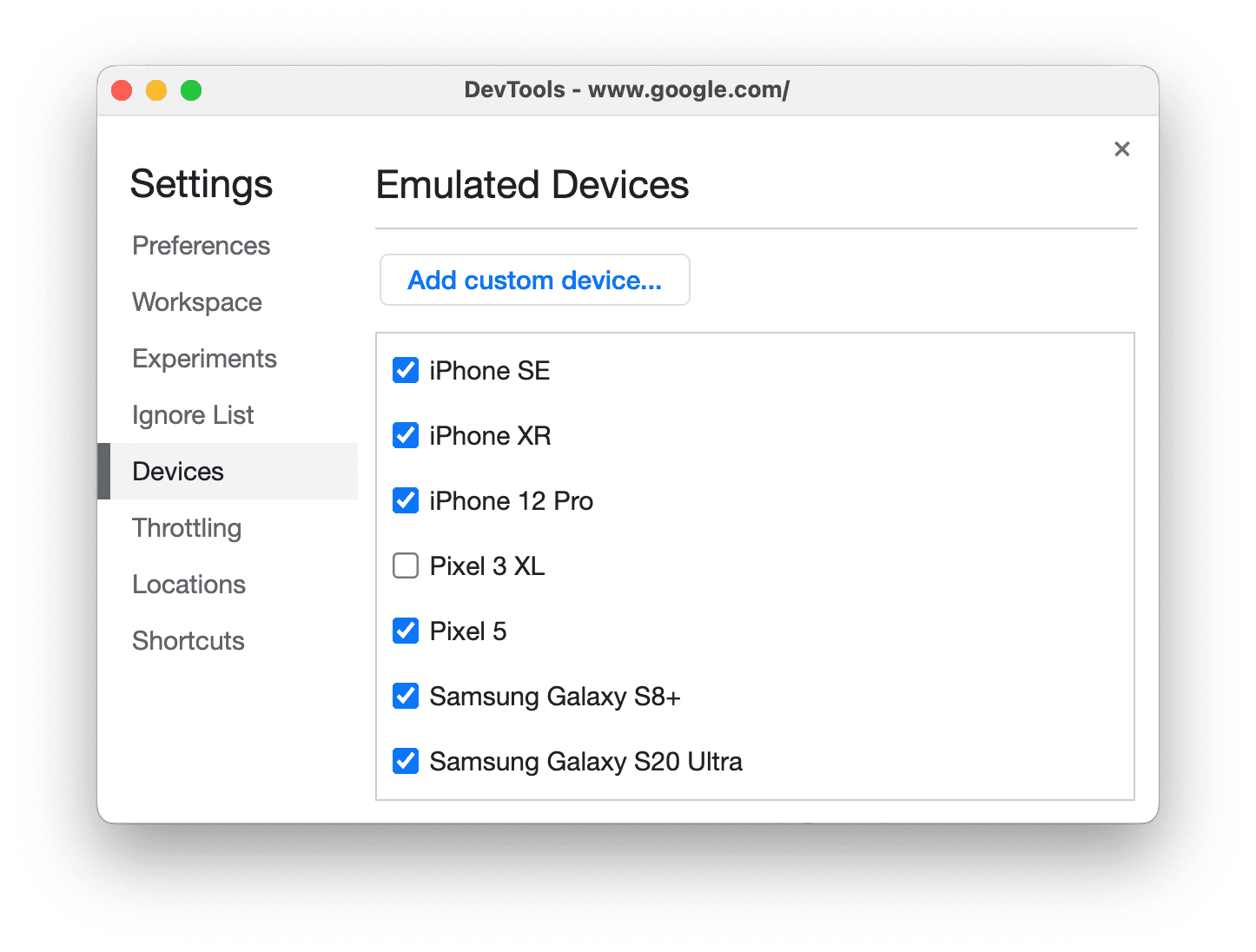 A list of enabled devices in the Devices tab.