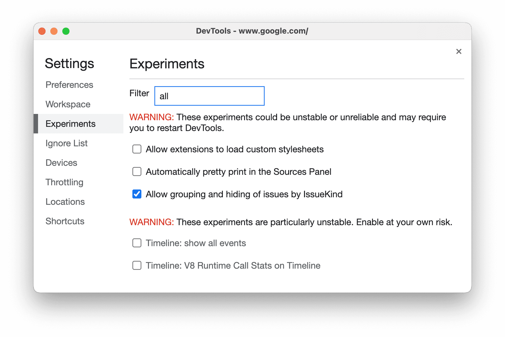 chrome experiments settings