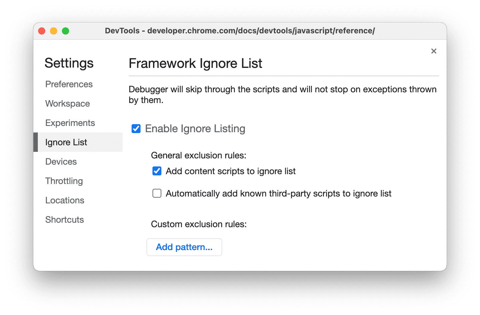Menetapkan setelan DevTools untuk mengabaikan kode ekstensi.