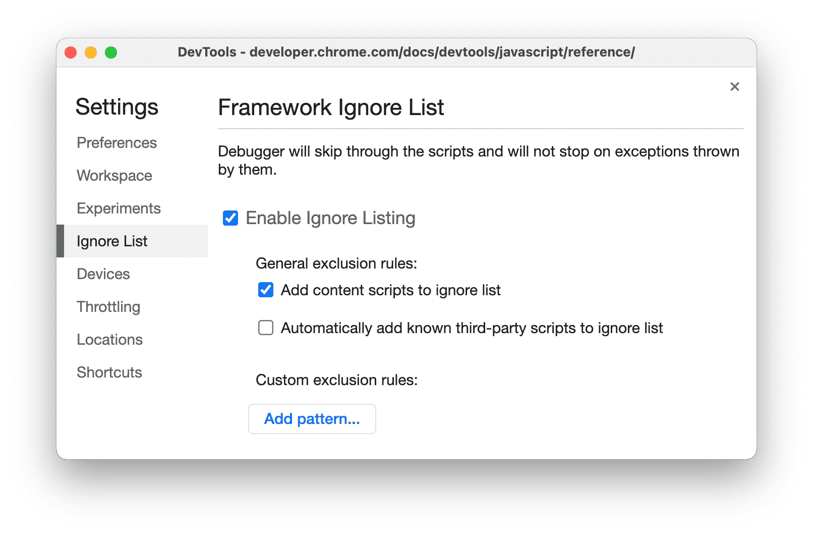 Setelan DevTools untuk mengabaikan kode ekstensi.