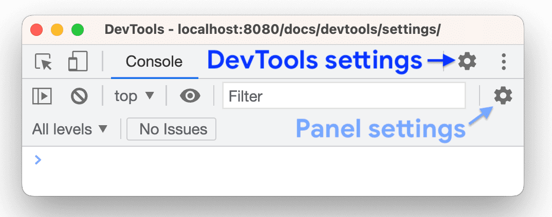 General DevTools settings on the topmost action bar and panel settings on the panel's action bar.
