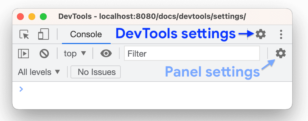 การตั้งค่าทั่วไปของ DevTools ในแถบการดำเนินการที่ด้านบนสุดและการตั้งค่าแผงในแถบการดำเนินการของแผง