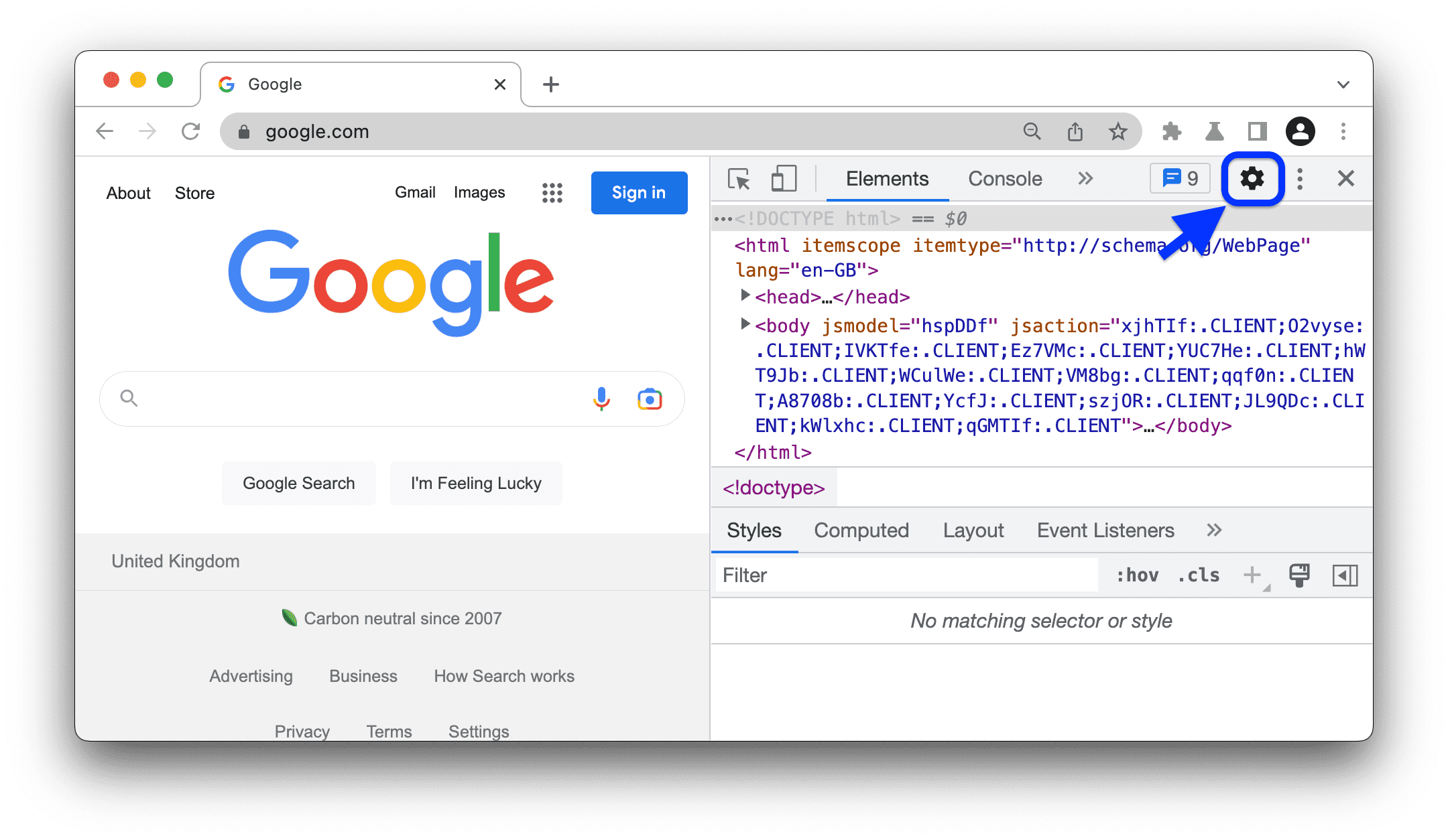 De knop Instellingen in de actiebalk bovenaan DevTools.