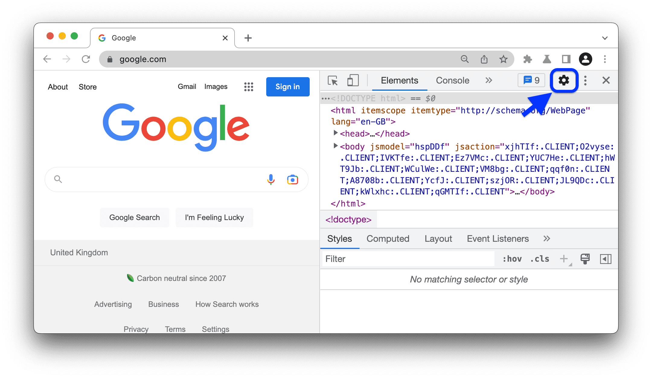 DevTools'un üst kısmındaki işlem çubuğundaki Ayarlar düğmesi.