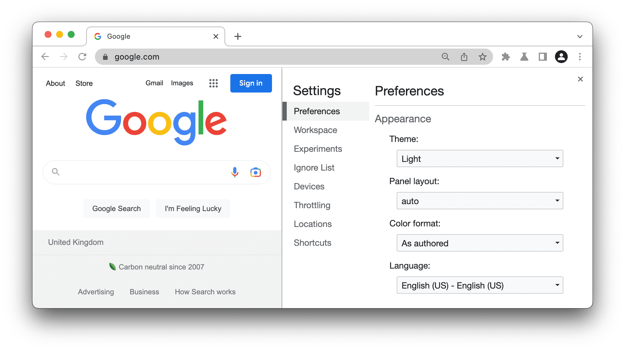 The Settings panel.