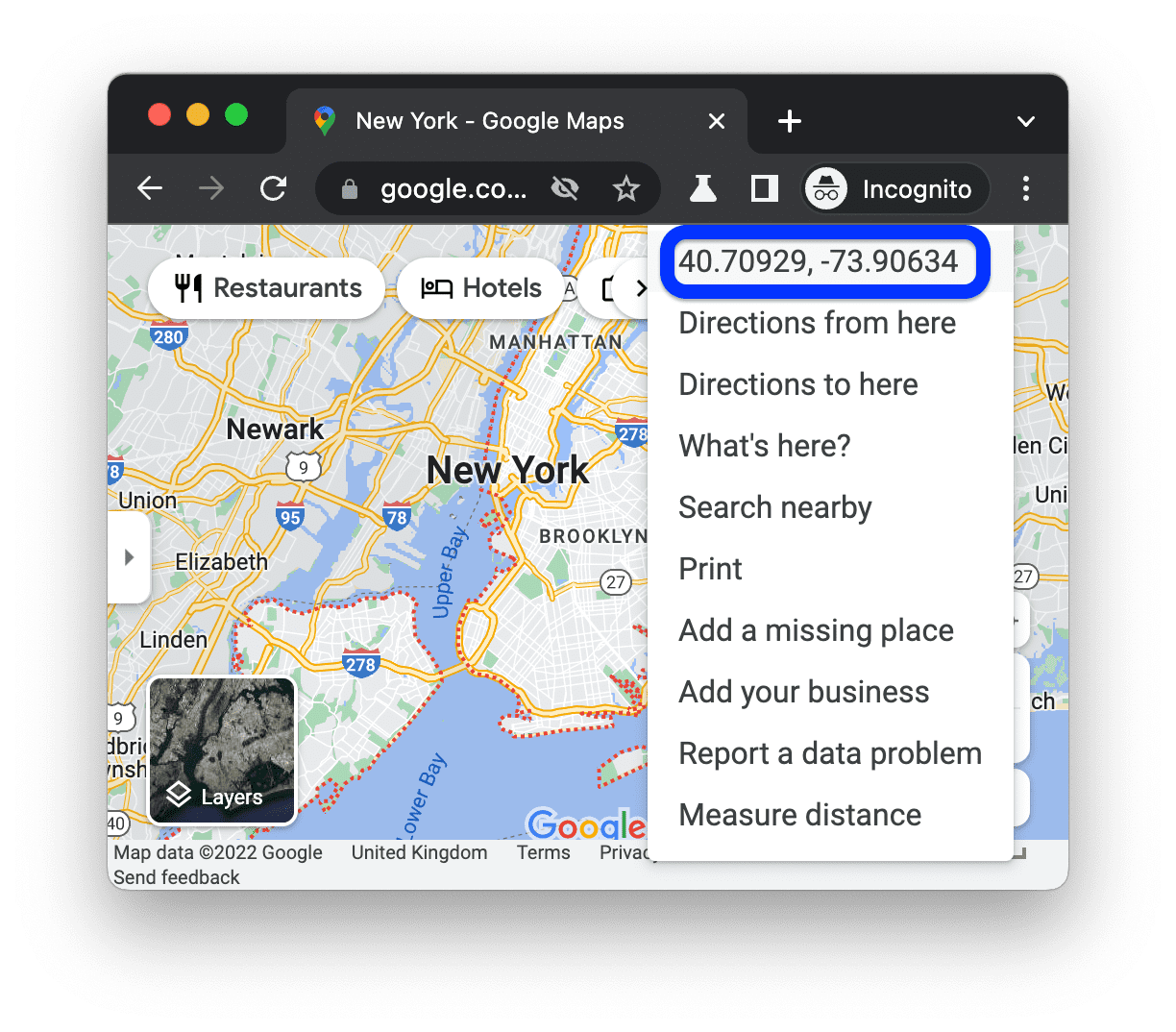 Google マップ上のニューヨークの座標。