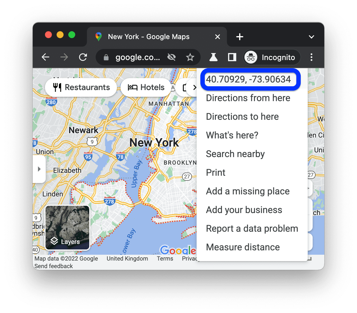 Coordenadas de Nova York no Google Maps.