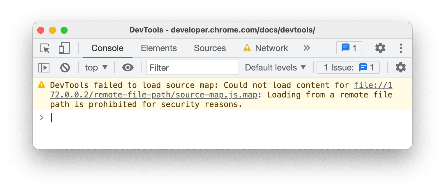 Message dans la console indiquant que, pour des raisons de sécurité, le chargement depuis un chemin d&#39;accès à un fichier distant est interdit.