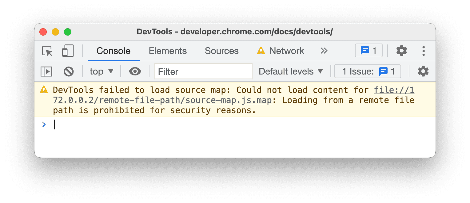 In der Konsole wird eine Meldung angezeigt, dass das Laden über einen Remote-Dateipfad aus Sicherheitsgründen nicht zulässig ist.