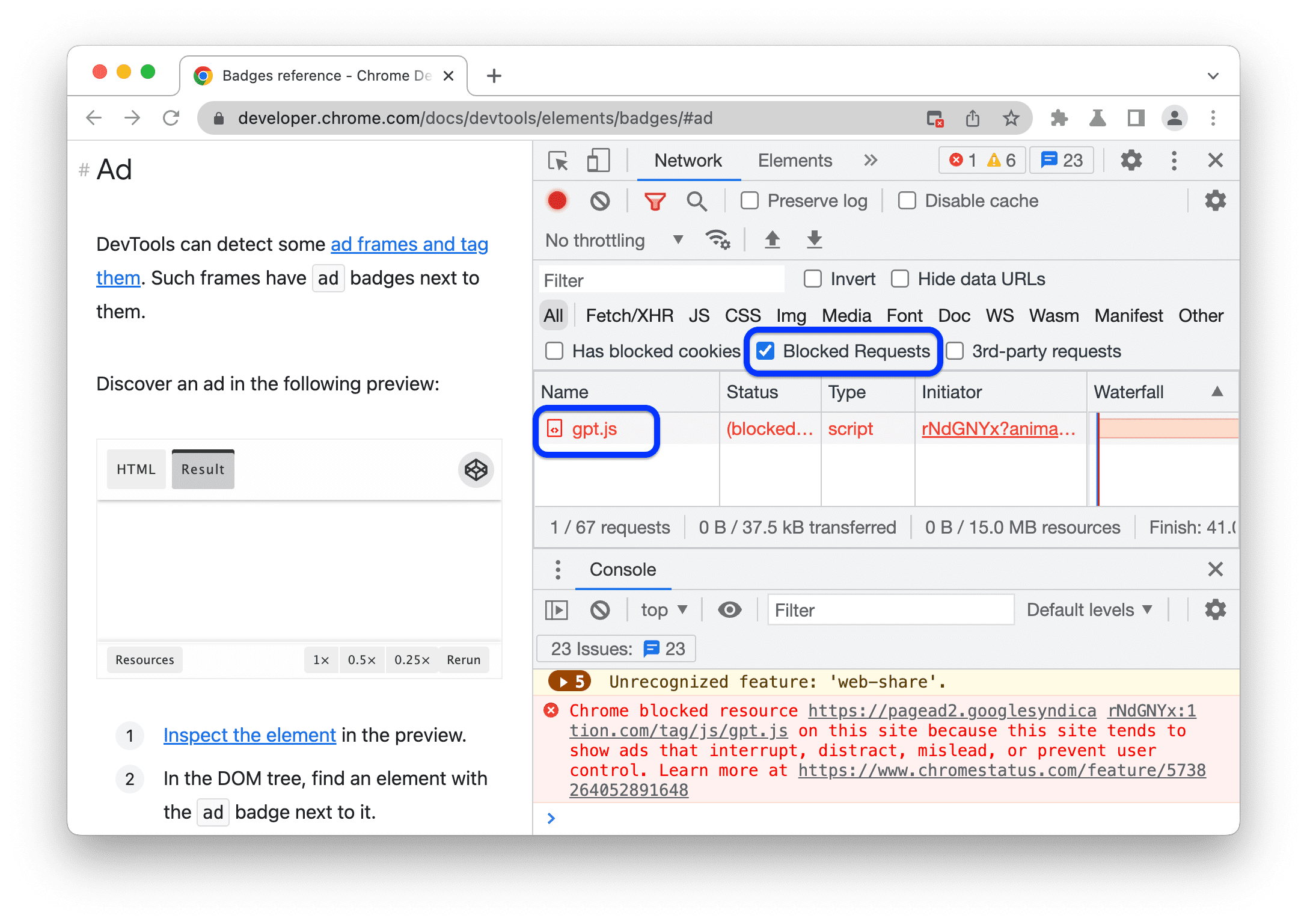 Eine anzeigenbezogene Netzwerkanfrage, die im Bereich „Werbenetzwerk“ angezeigt wird und der Filter „Blockierte Anfragen“ aktiviert ist.