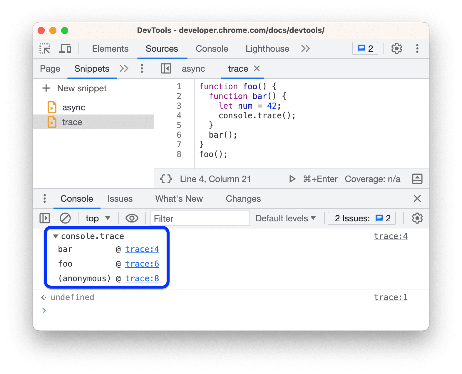 הודעה מורחבת של console.trace() במסוף.