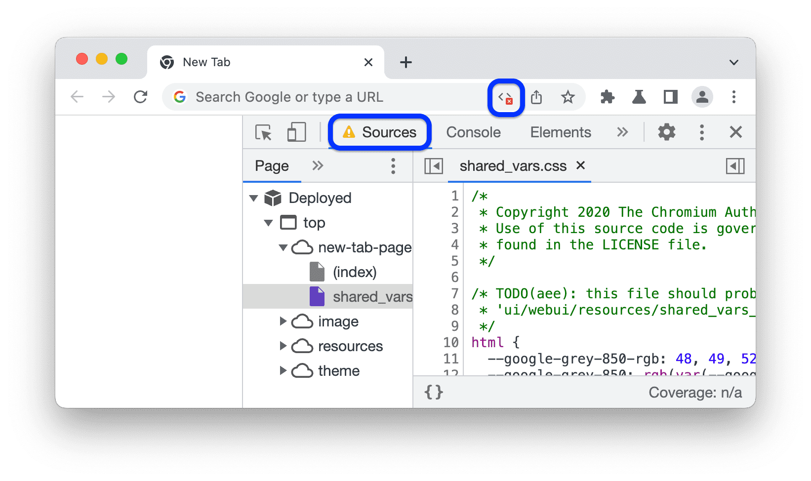An icon in the address bar and a warning icon next to Sources in DevTools.