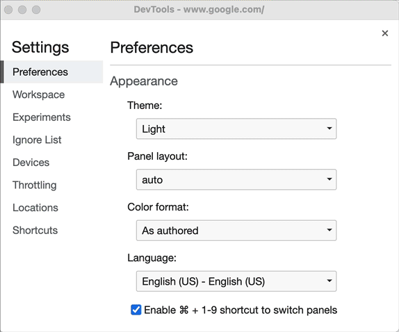 Changing DevTools theme from system preference to dark to light.