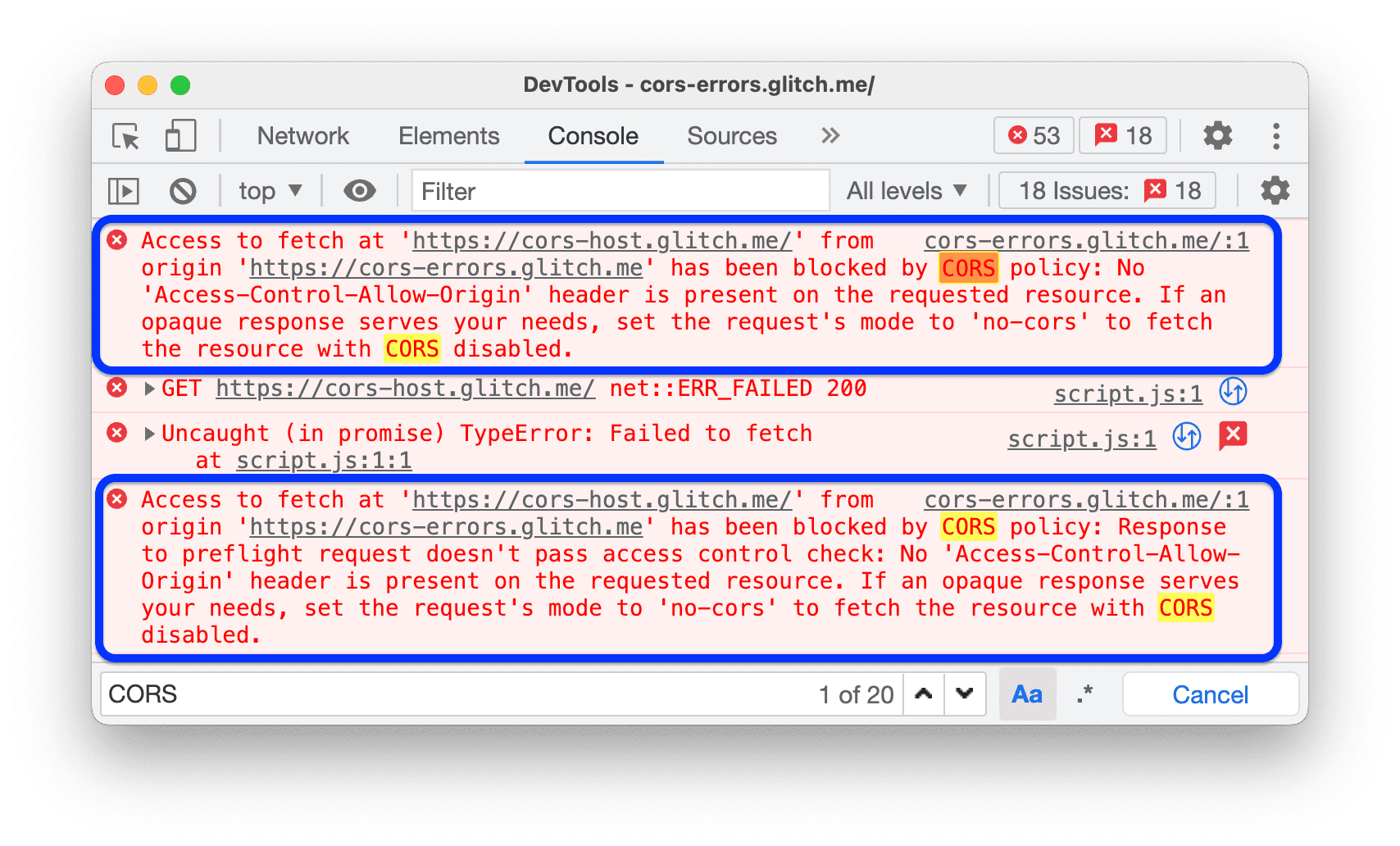 コンソールに CORS エラーが表示されます。