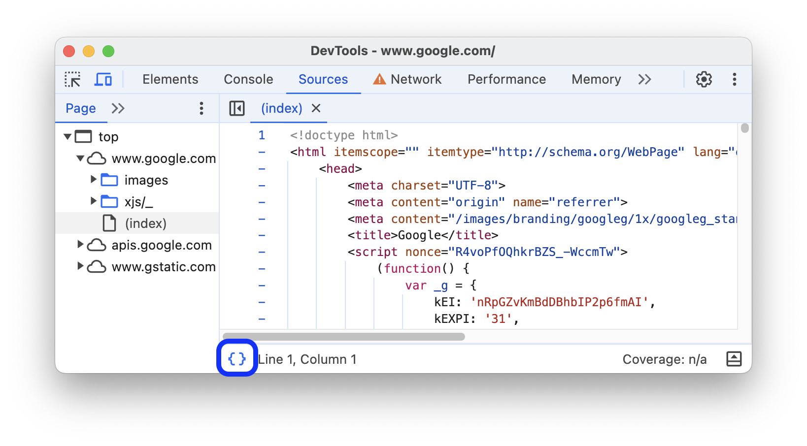 「來源」面板中的美化程式碼。