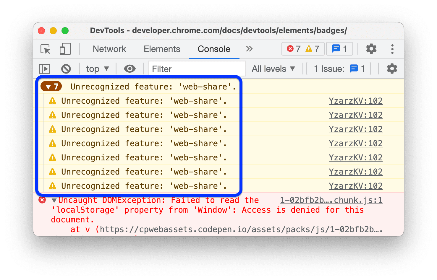 Messages similaires regroupés dans la console.