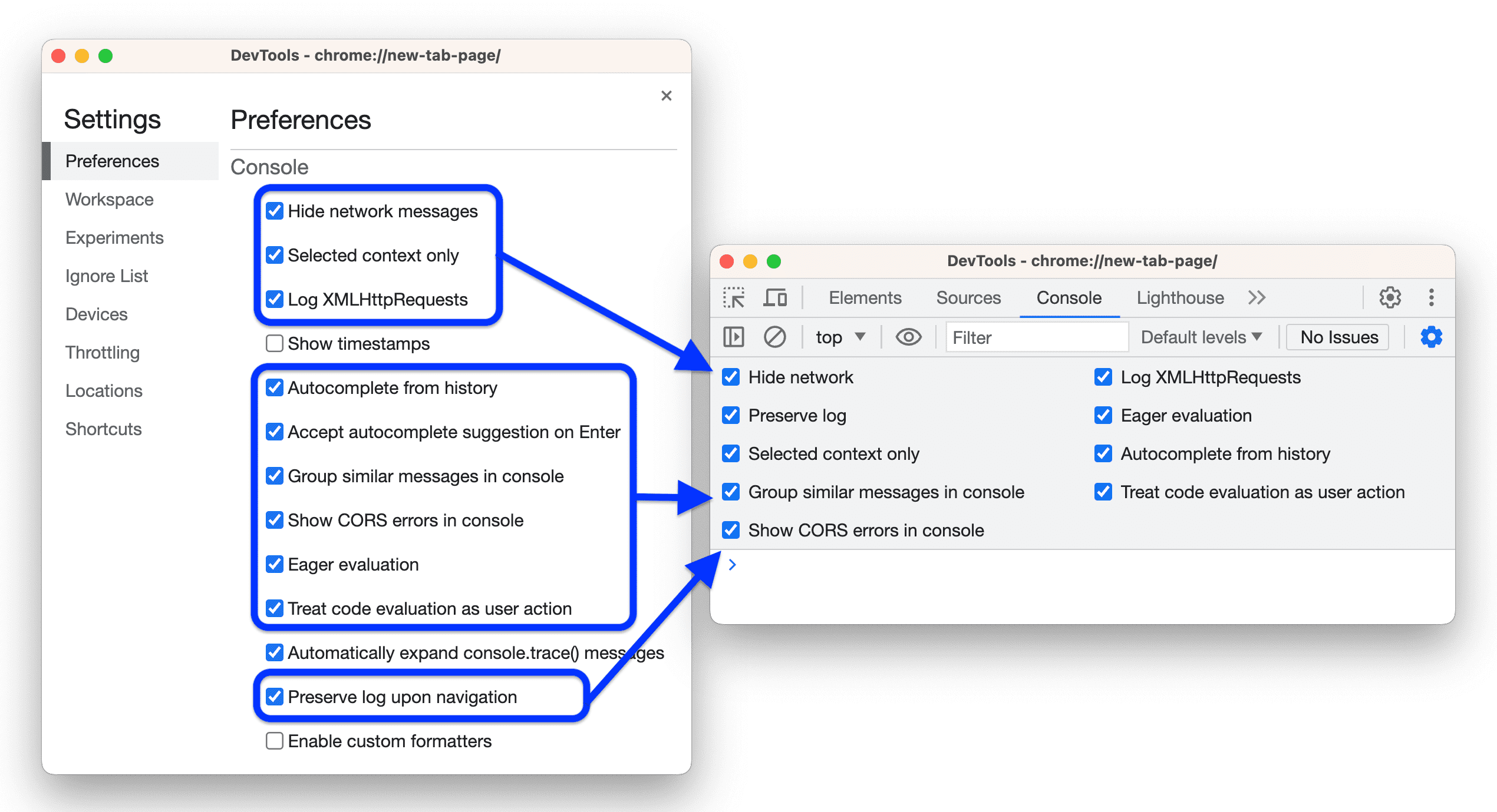 Opciones similares en Console y en Configuración.