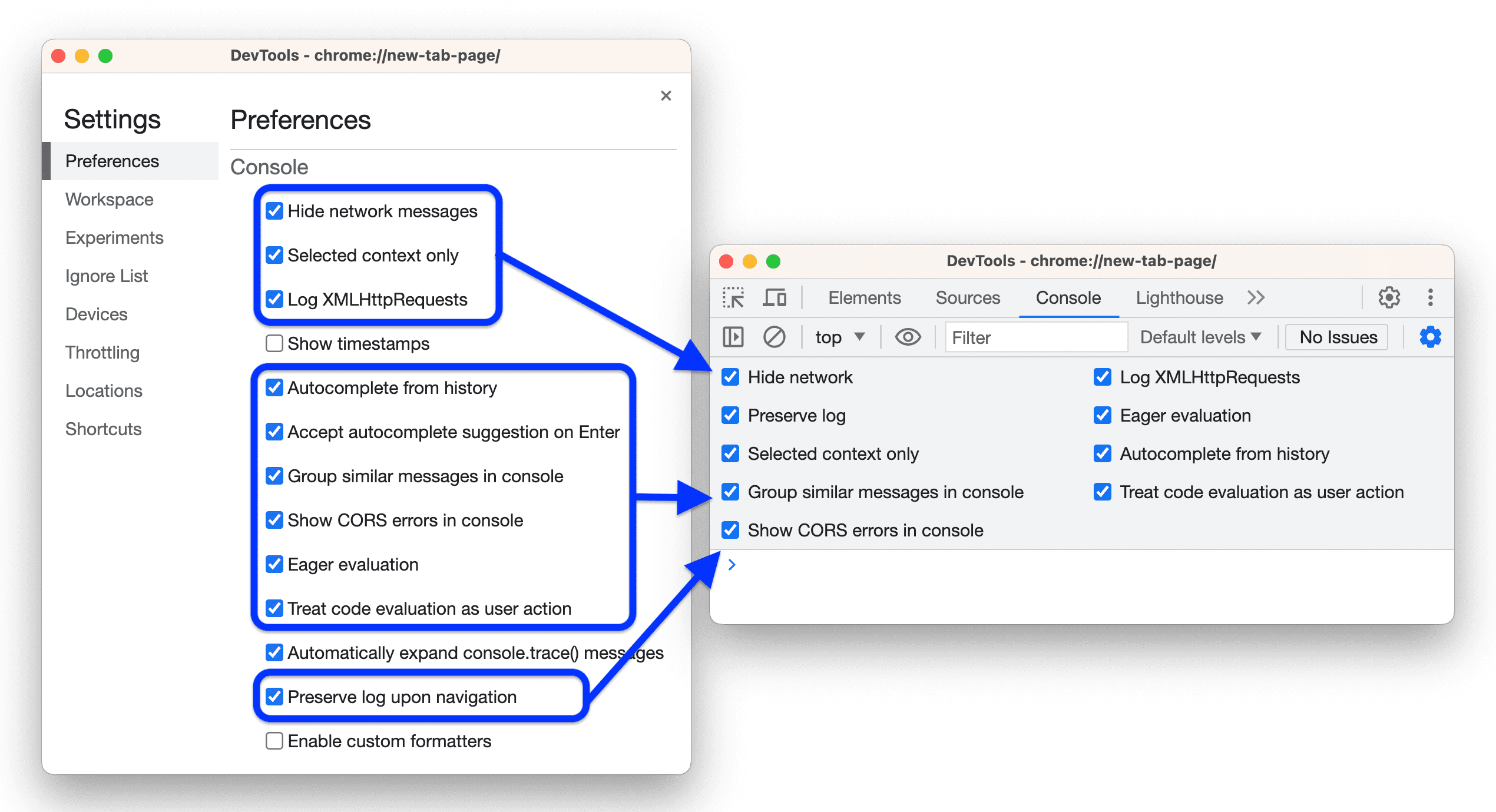 主控台和「設定」中的類似選項。