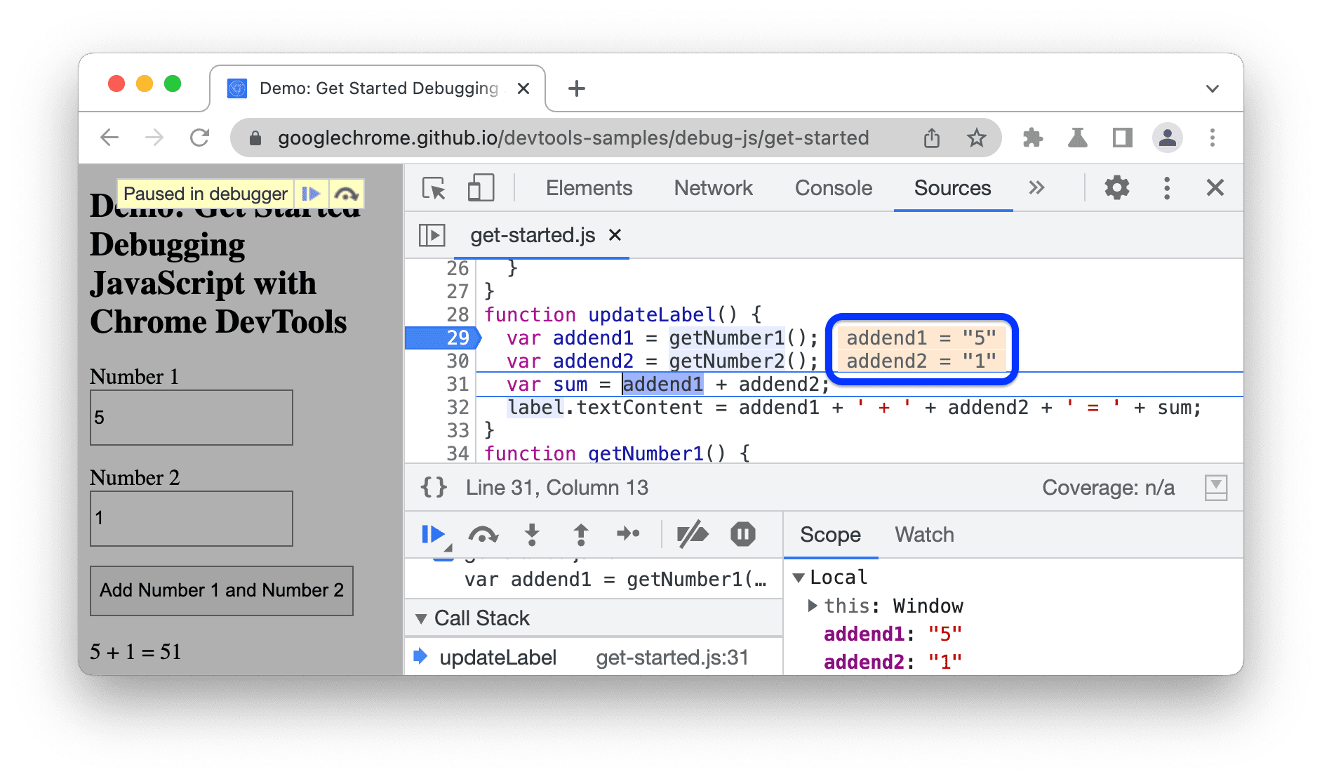 De Debugger die tijdens het uitvoeren van de functie is gepauzeerd, geeft variabelewaarden weer naast toewijzingsinstructies.