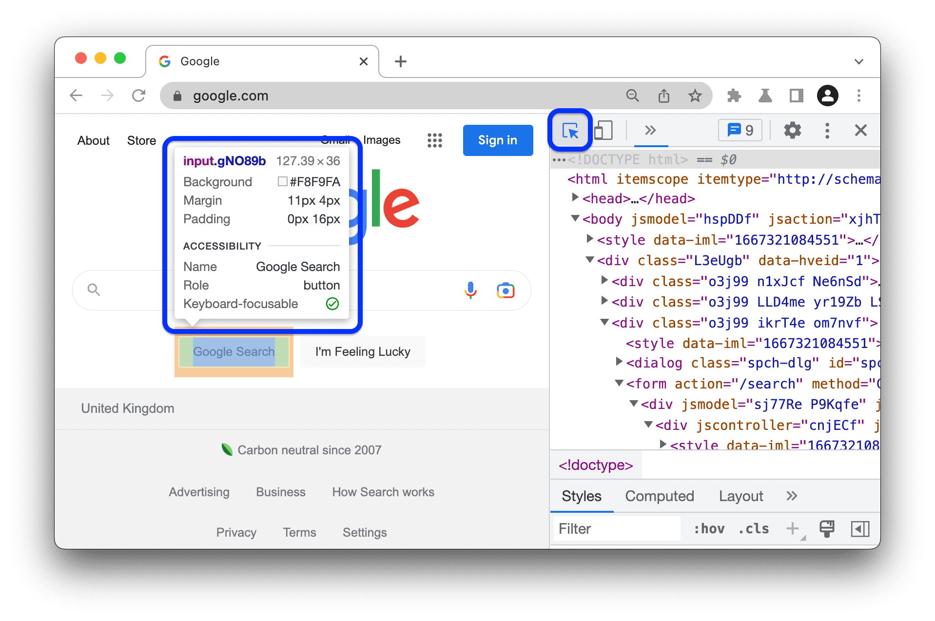 Tooltip mendetail yang ditampilkan dalam mode pemeriksaan.