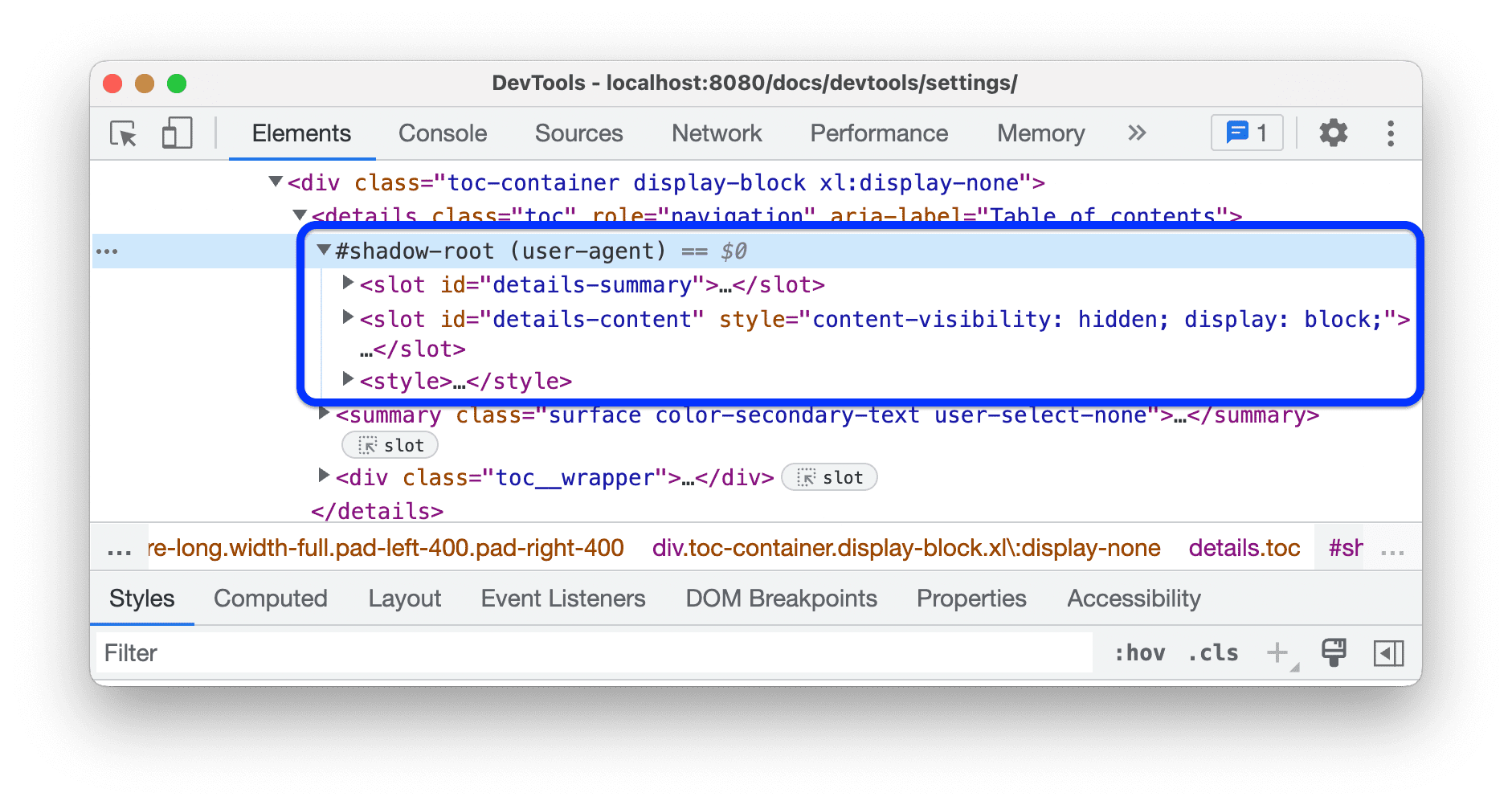 Panel Elemen menampilkan node shadow DOM.