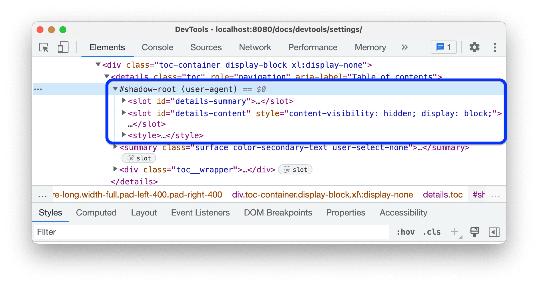 Im Bereich „Elemente“ werden Shadow-DOM-Knoten angezeigt.