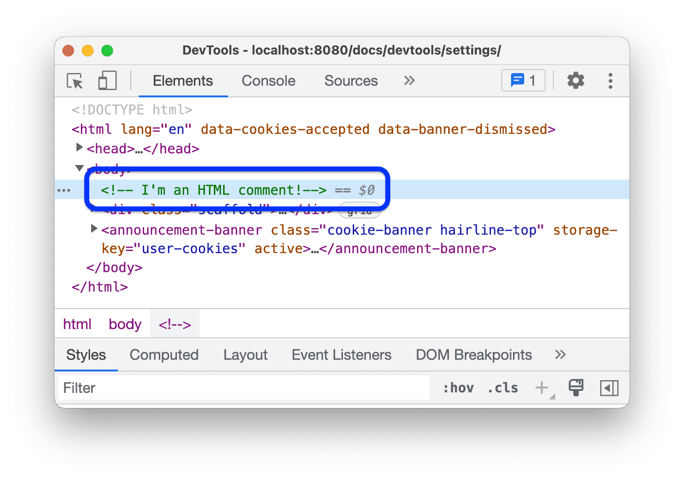 एलिमेंट पैनल में, एचटीएमएल टिप्पणियां दिखती हैं.