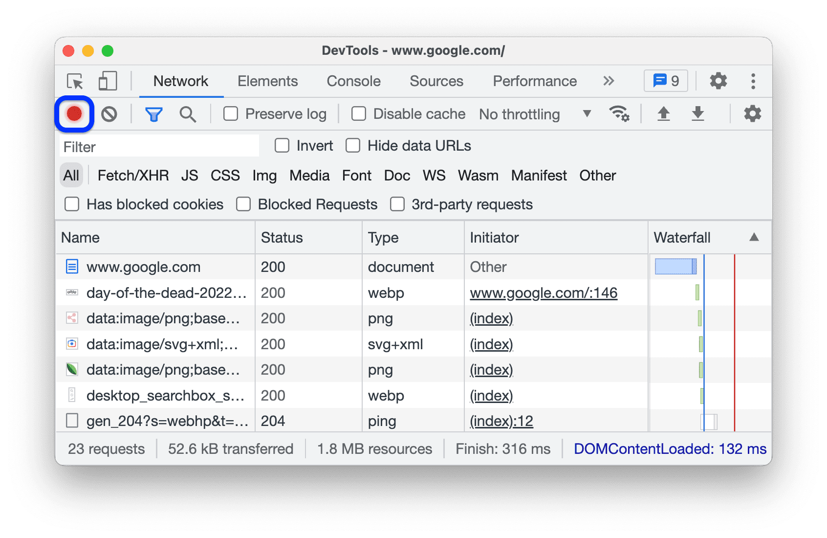 「Network」面板中的「Record network log」按鈕。