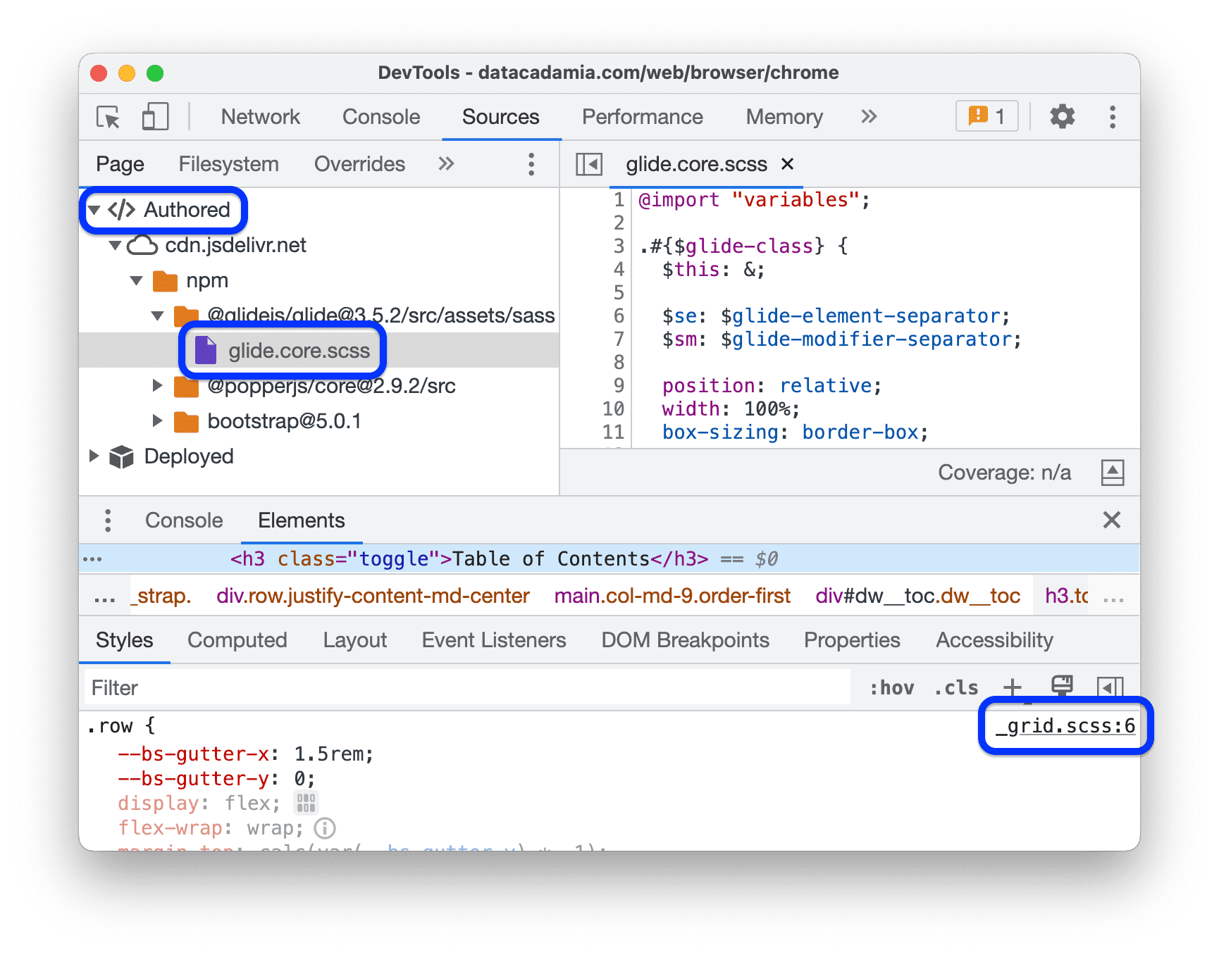 O painel Origens mostra arquivos .scss na seção Authored da árvore de navegação. O painel Styles no painel Elements mostra links para fontes .scss ao lado das regras CSS.