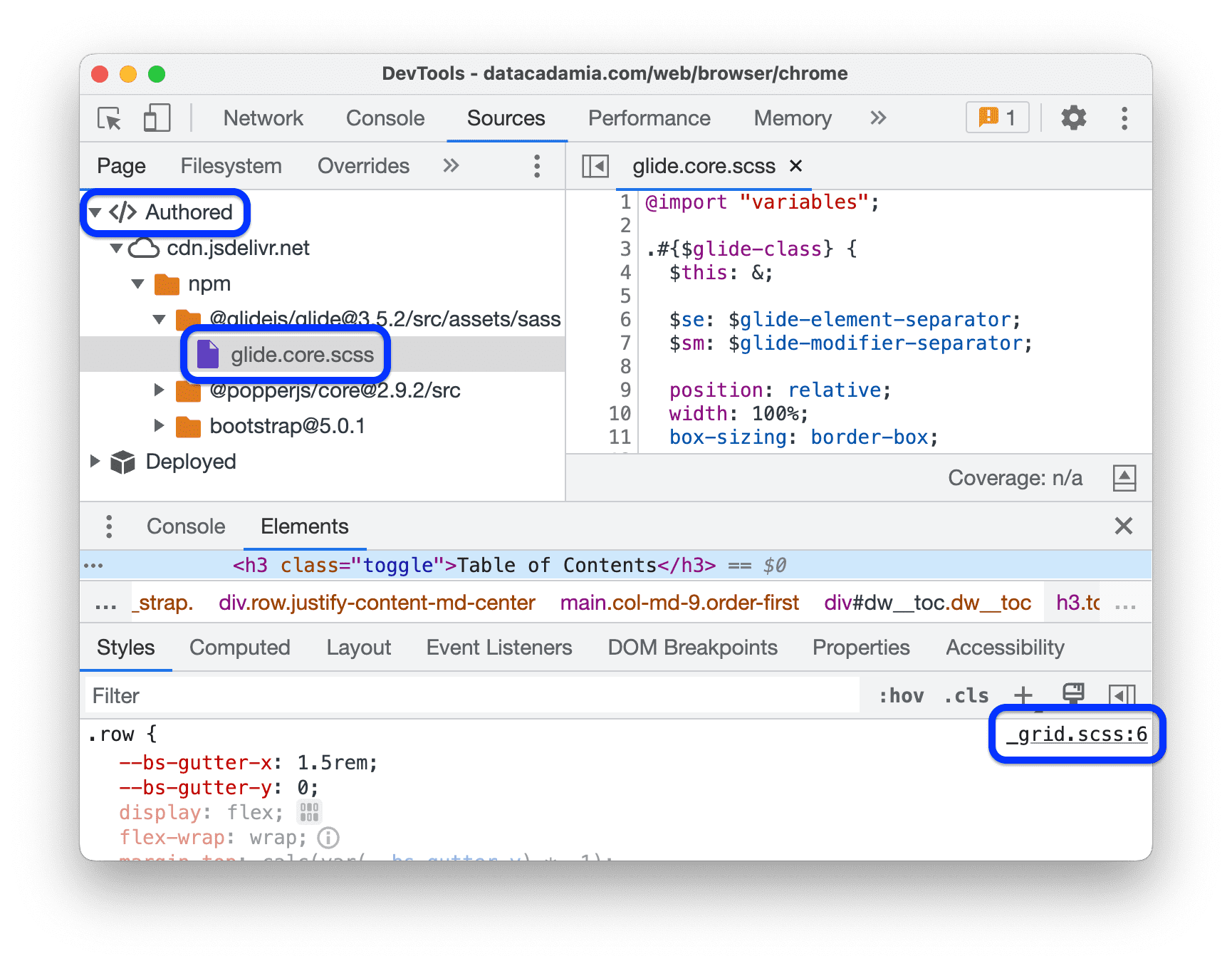「來源」面板會在樹狀導覽結構的「已編寫」部分中顯示 .scss 檔案。「元素」面板的「樣式」窗格會在 CSS 規則旁邊顯示 .scss 來源的連結。