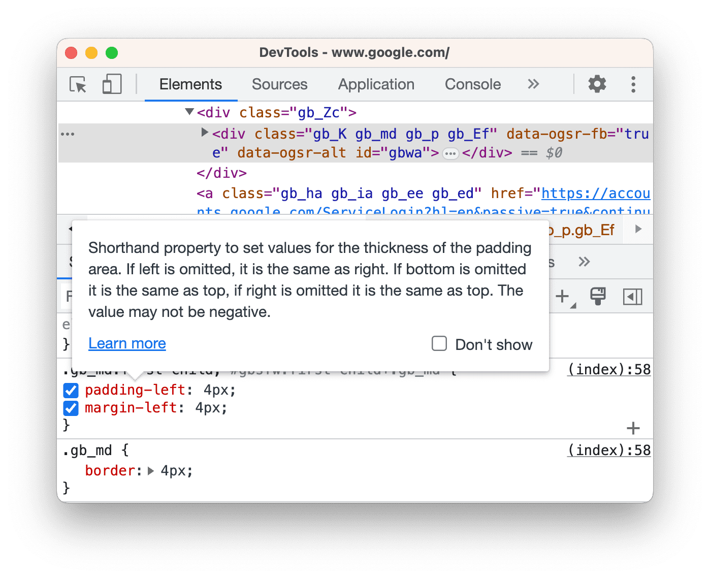 Info-bulle contenant de la documentation sur une propriété CSS.