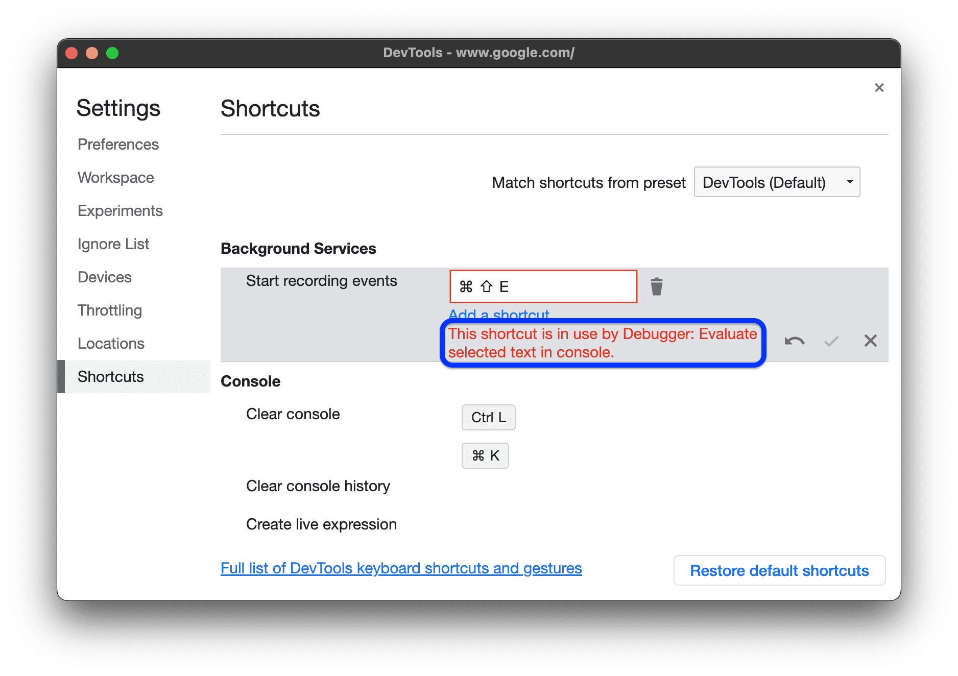 すでに使用されているコードショートカット。