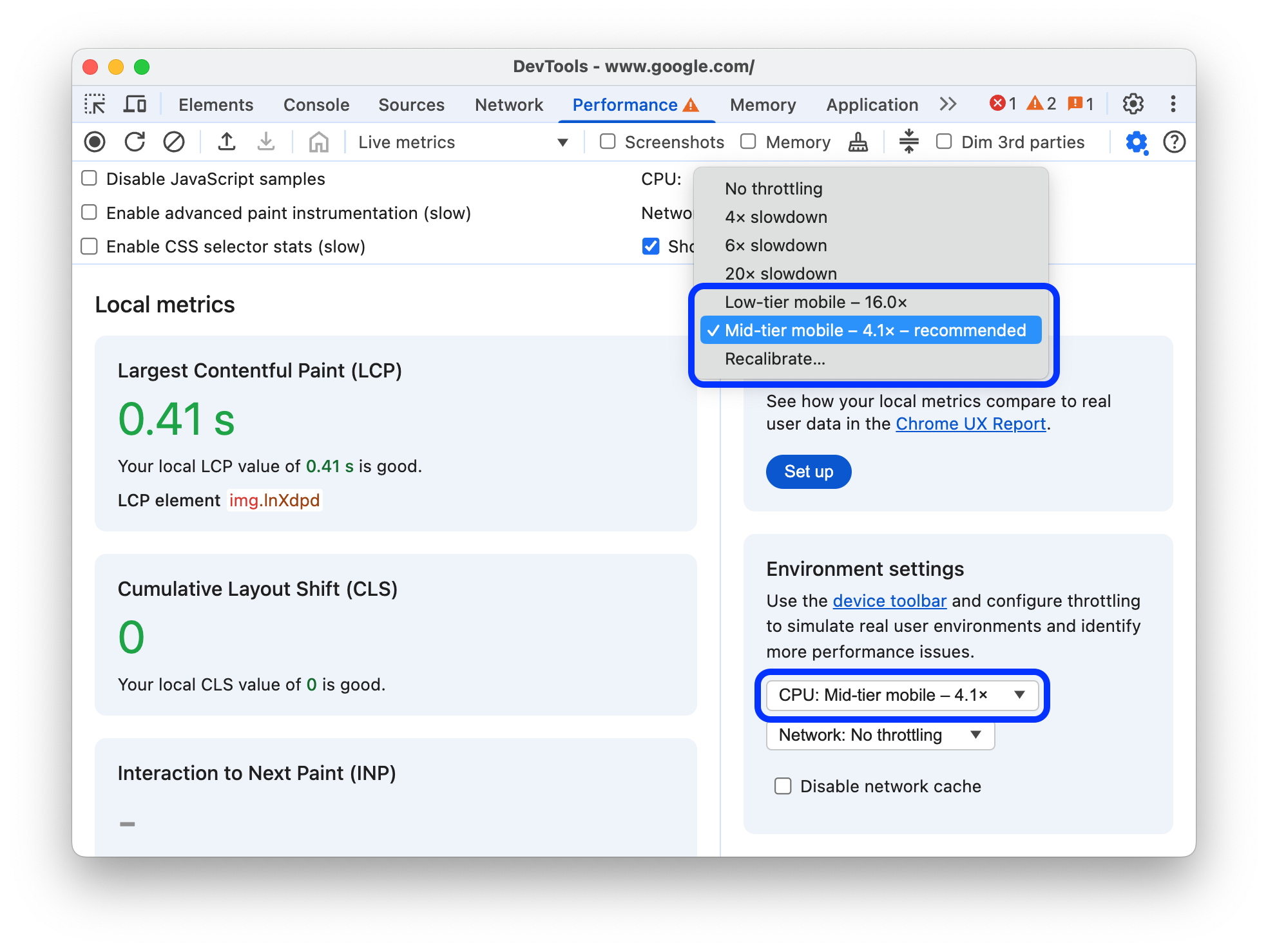 Taxas calibradas ao lado dos menus suspensos no painel "Performance".