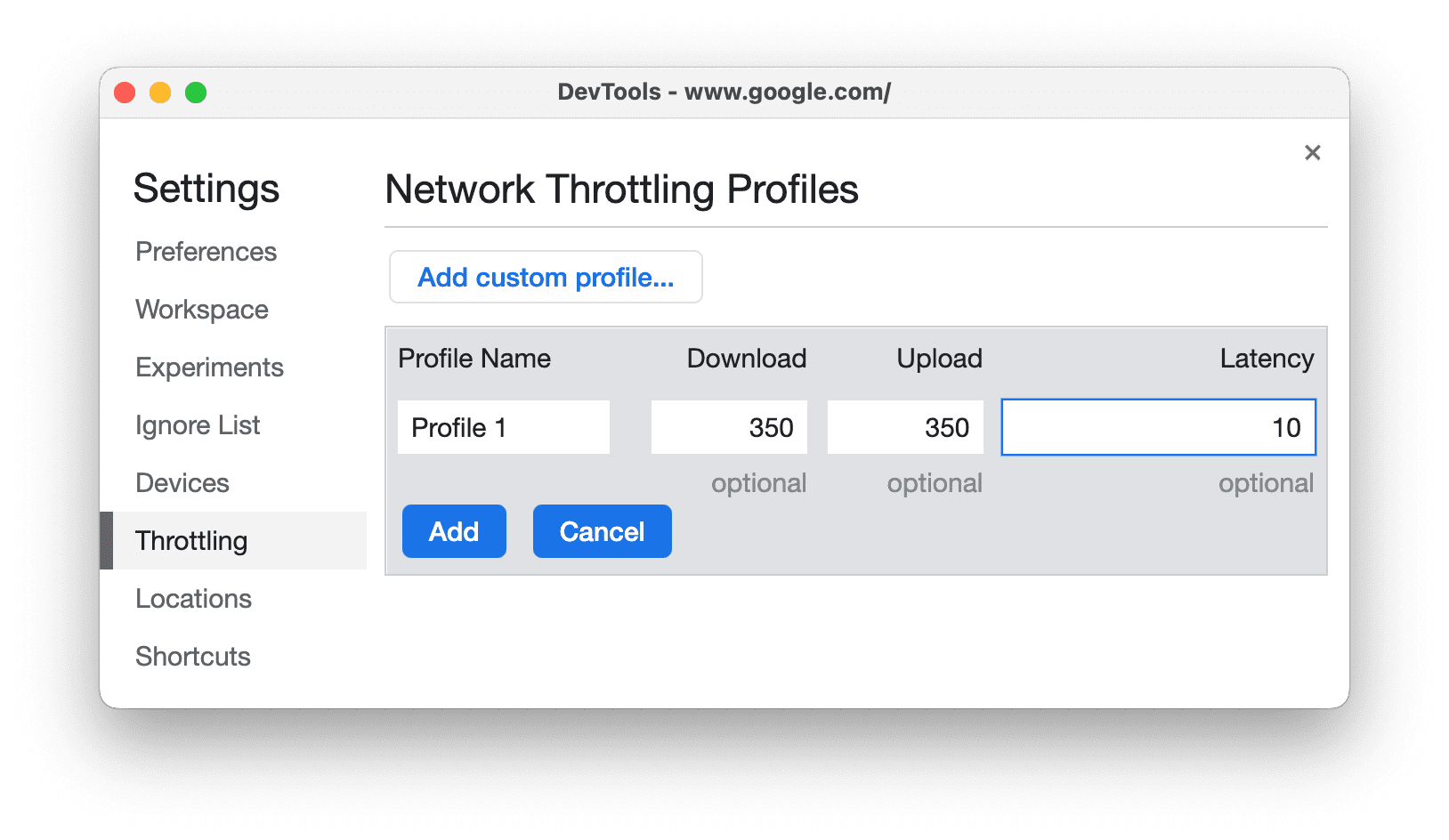 Throtting Dev Tools - profilo custom