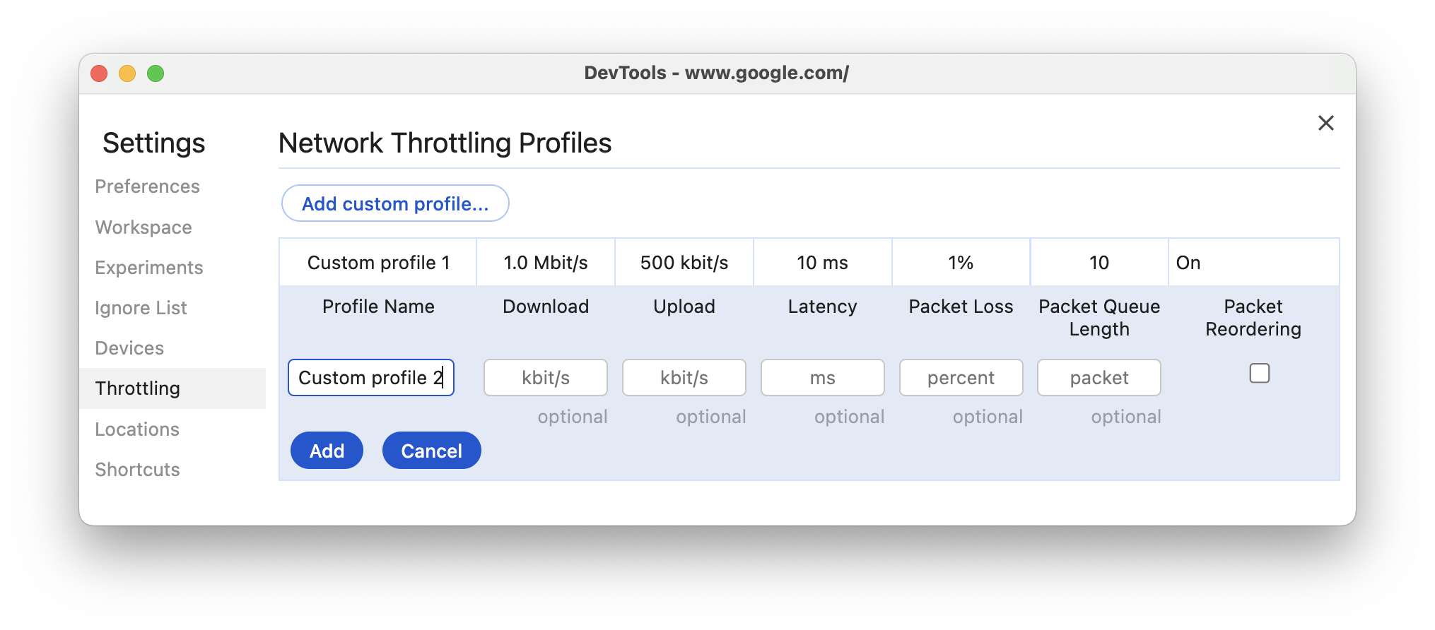 Creating a new profile in the Throttling tab.