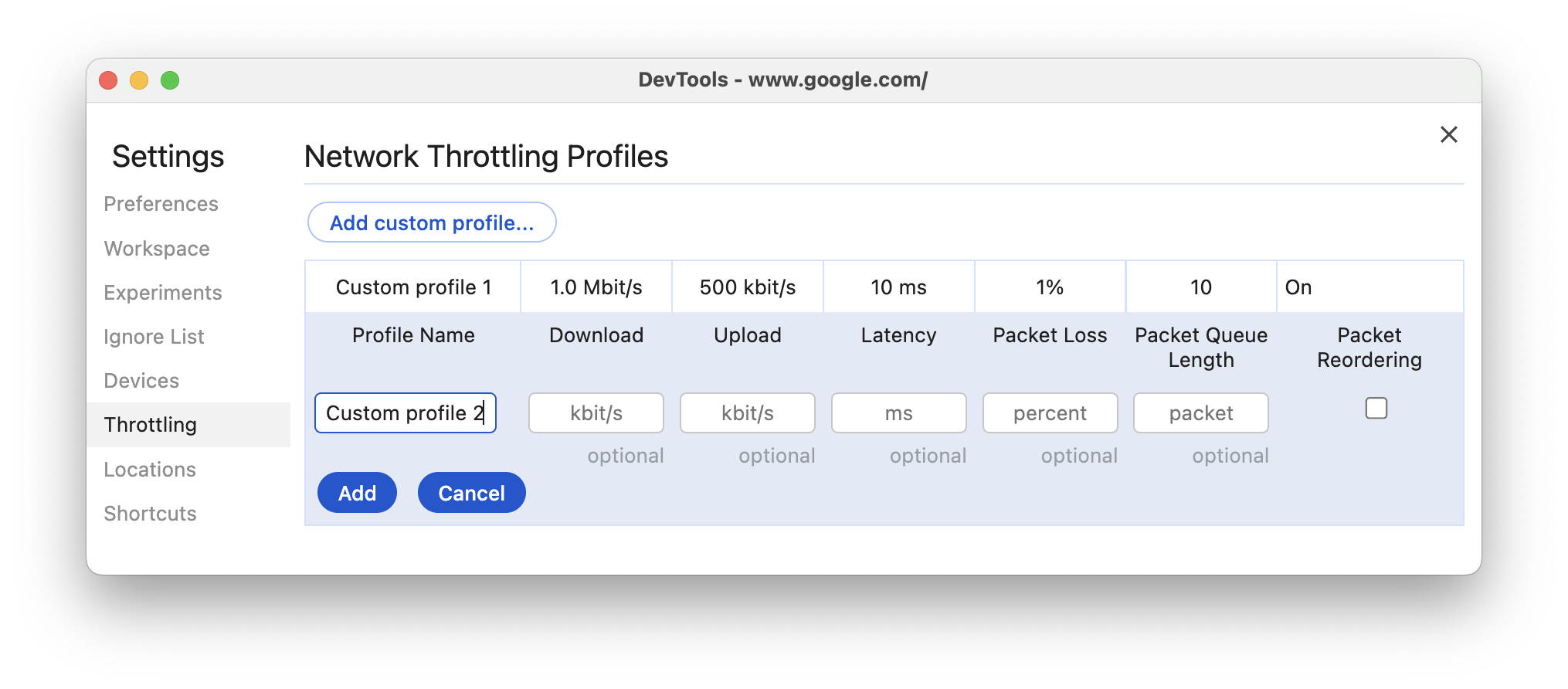 ایجاد نمایه جدید در تب Throttling.