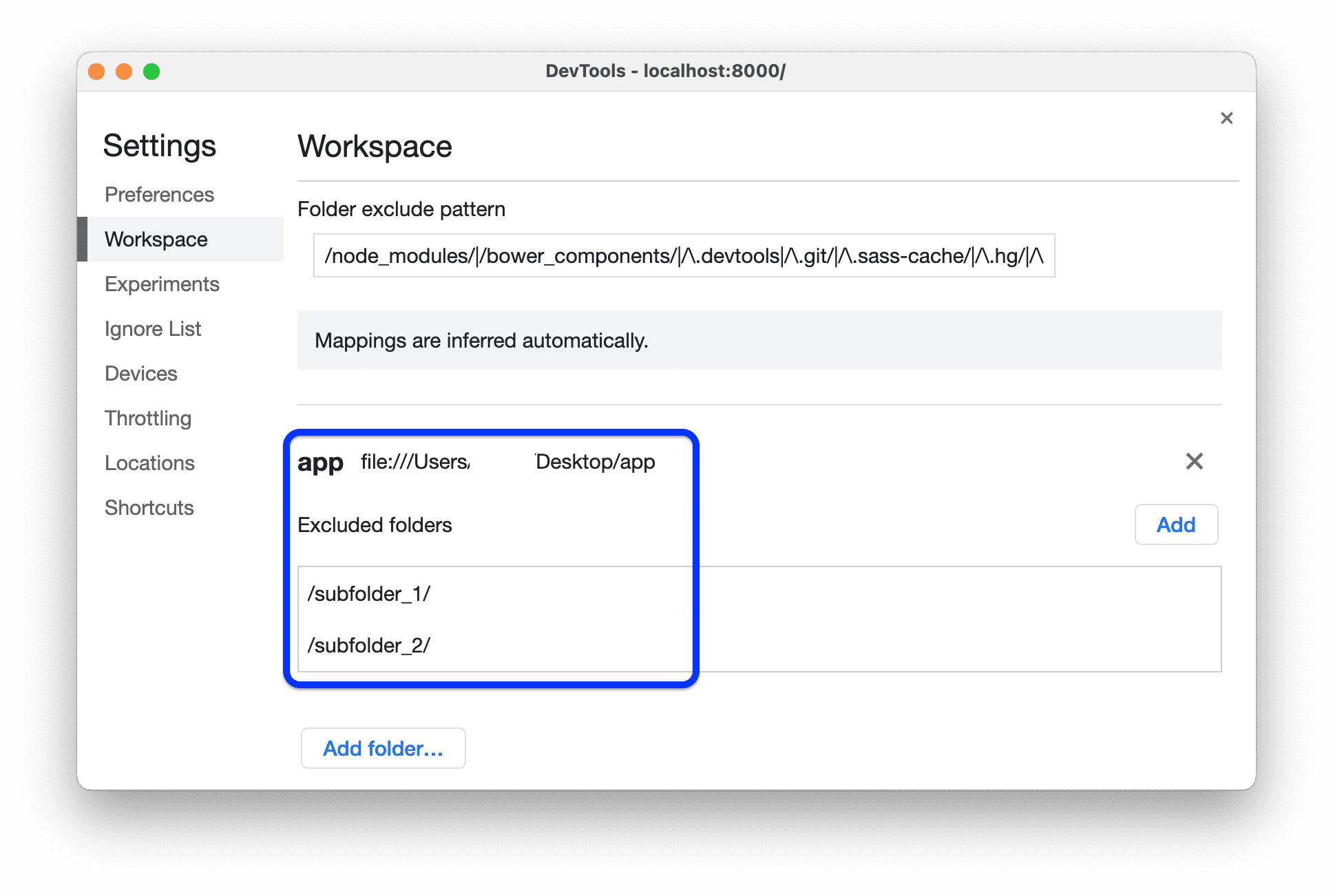 Folder ruang kerja dengan subfolder yang dikecualikan.
