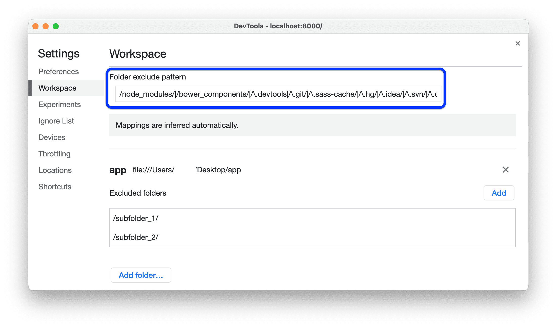 Pola pengecualian folder di tab Ruang Kerja.