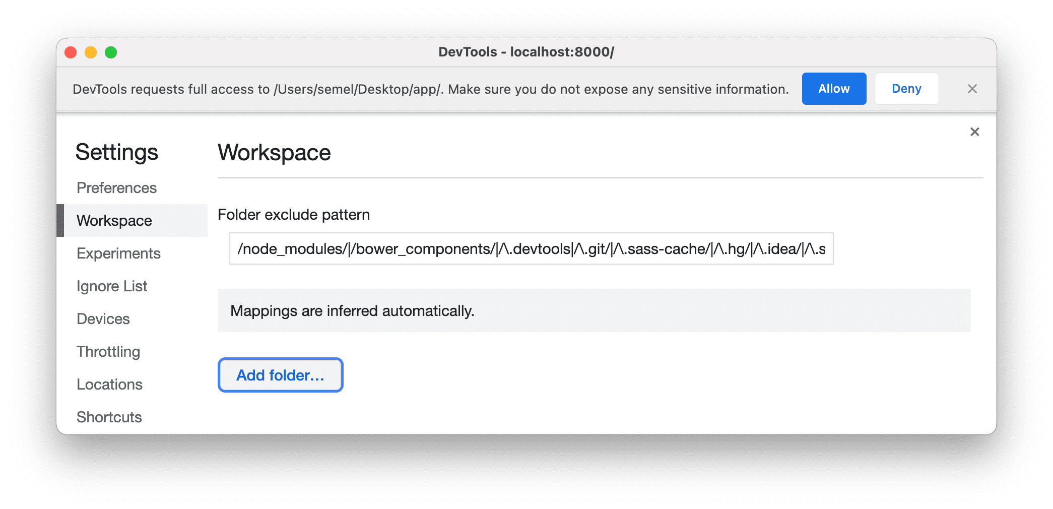 The prompt requesting full access to sources for DevTools.