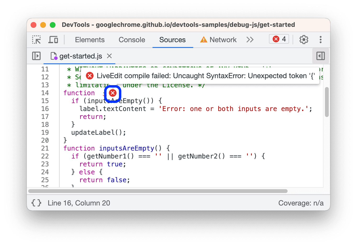 Kurzinfo zu Inline-Syntaxfehlern.