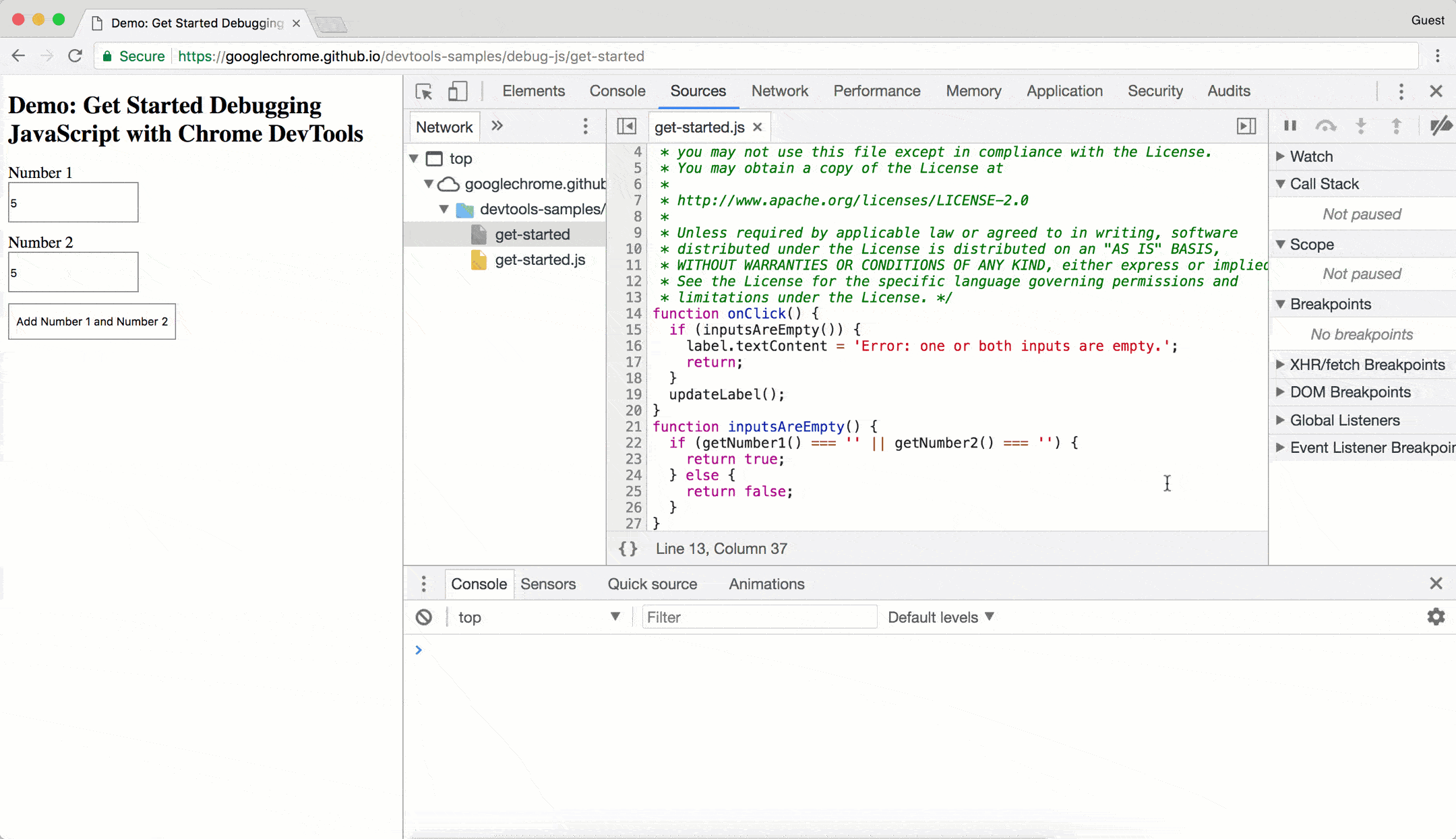 É possível editar JavaScript no painel Editor.